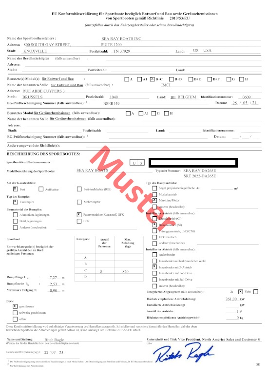 Konformitätserklärung, CE- Zertifizierung für Bayliner Boote