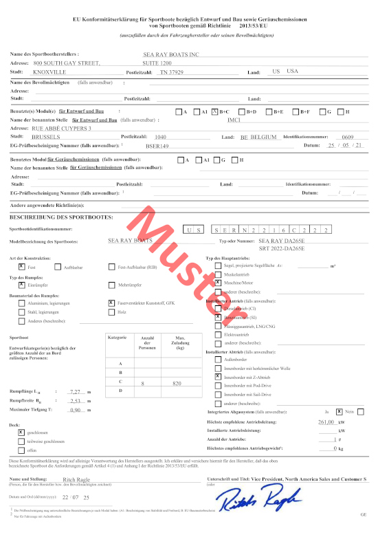Konformitätserklärung, CE- Zertifizierung für Bayliner Boote
